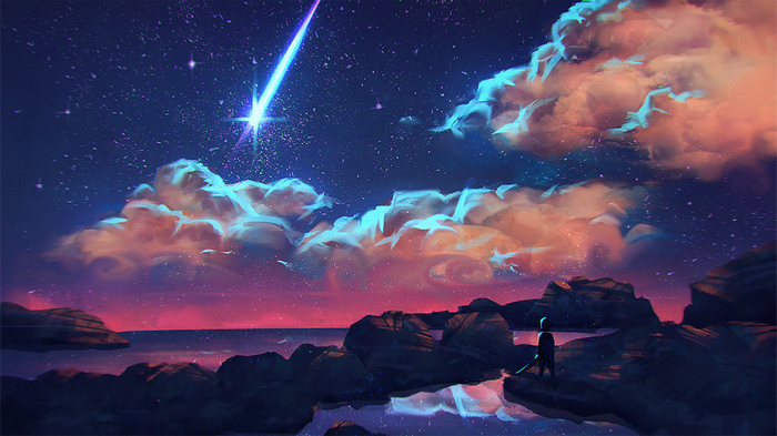 Digital art of a shooting star over a rocky coast at night