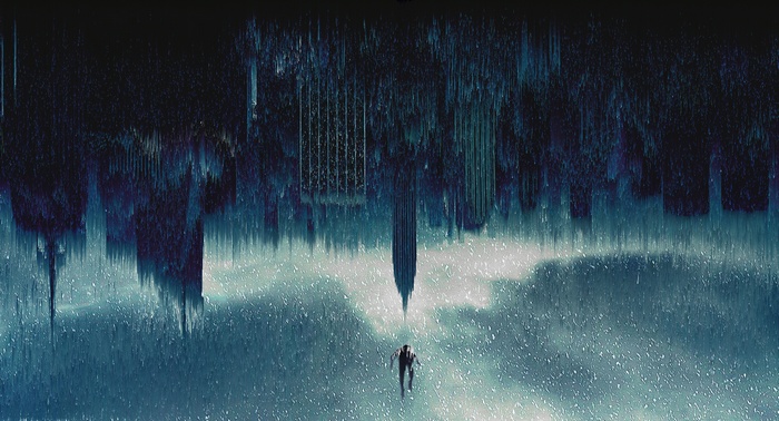 Man falling in a glitchy, upside-down cityscape