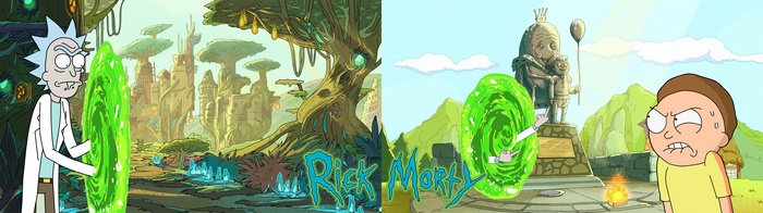 Rick and Morty split screen with portals