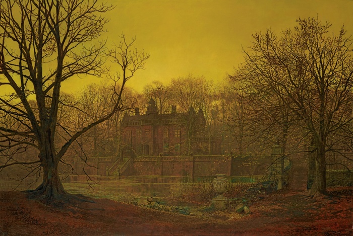 fall, water, painting, house, trees, John Atkinson Grimshaw, classical art, lake