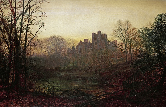 Ruined castle by a pond in autumn, painting by John Atkinson Grimshaw