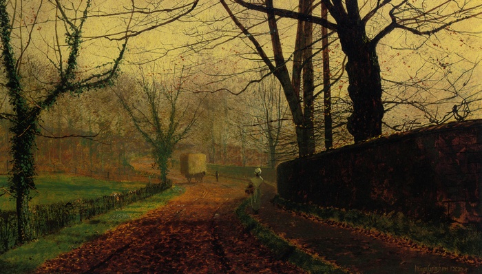 Autumn road with a cart and a figure, painting by John Atkinson Grimshaw