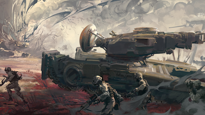 Soldiers and futuristic tank in a desolate landscape