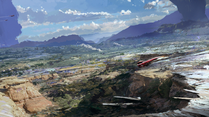 Spaceships flying over a mountainous alien landscape