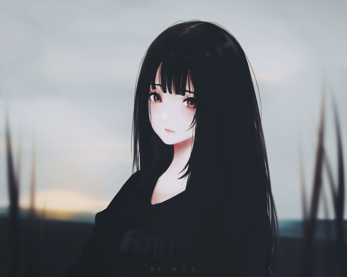 Anime girl with long dark hair and red eyes