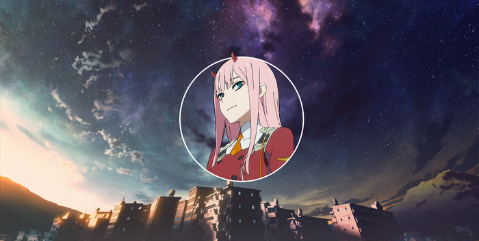 Darling in the FranXX, sky, stars, pink hair, long hair, anime girls, artwork, anime, mountains, clouds, Zero Two (Darling in the FranXX), cityscape, picture in picture