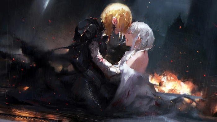 white hair anime girls Ruler (FateGrand Order) Jeanne dArc Fate Series blonde armor rain Saber (FateGrand Order) FateGrand Order fire Artoria Pendragon tears