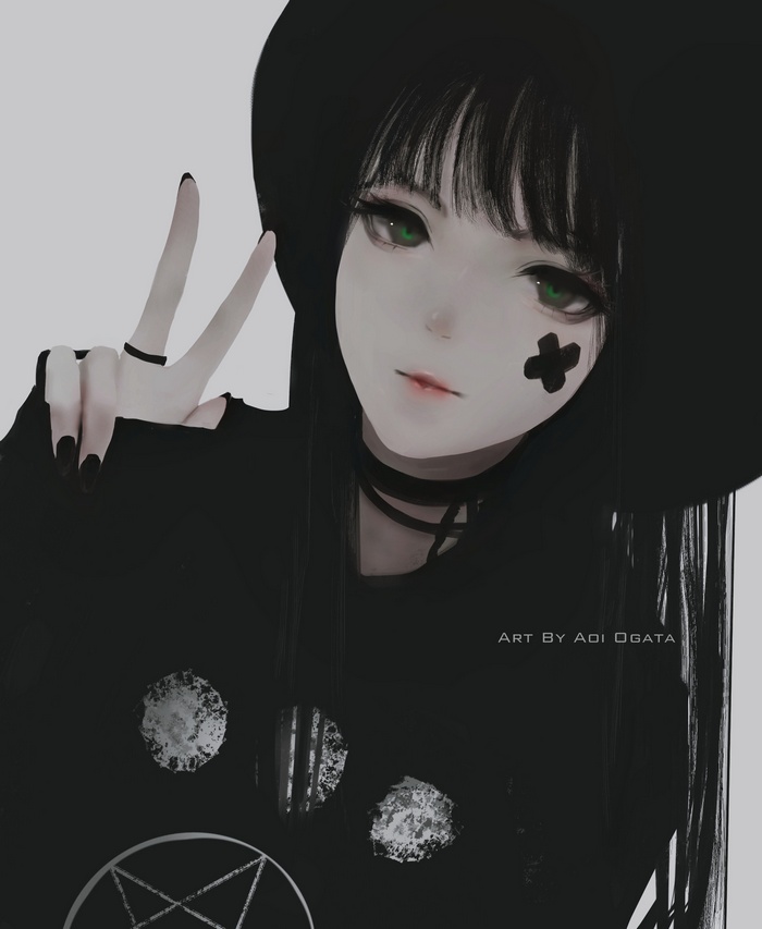 Aoi Ogata, hate-chan, hat, peace sign, black hair, artwork, women