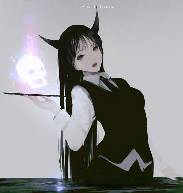 Artwork of a demon girl with horns holding a skull