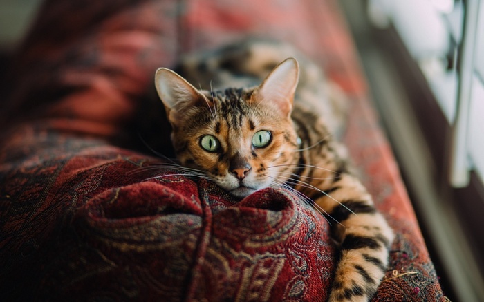 Bengal cat with green eyes lying on a patterned couch