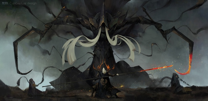 Malthael from Diablo III in a dark, desolate landscape