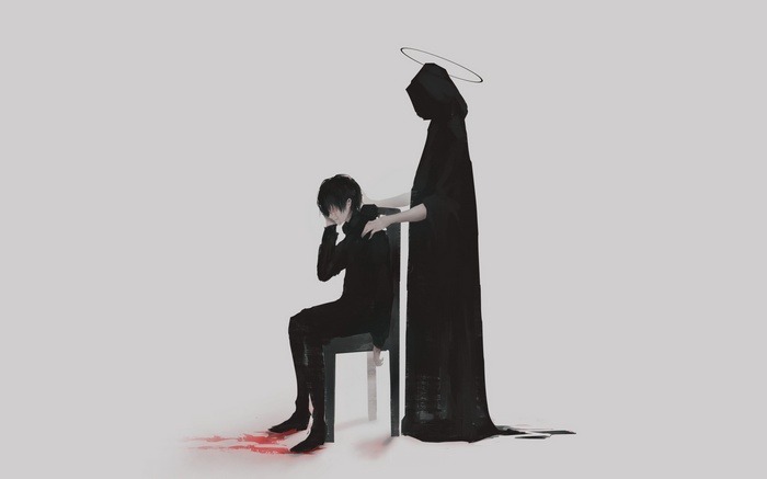 Artwork of a person in black clothing being comforted by a grim reaper figure