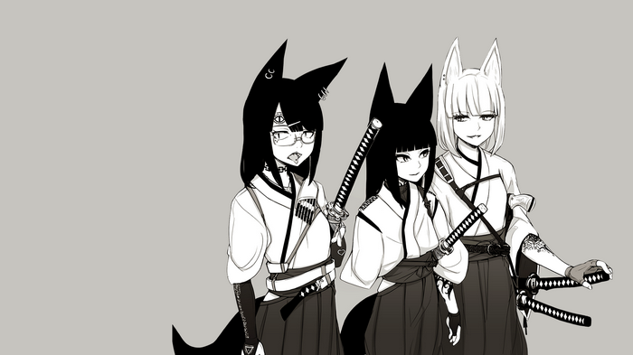 Three anime girls with fox ears and katanas