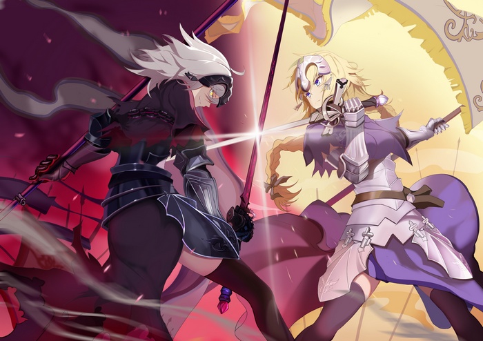 Jeanne dArc Fate Series FateGrand Order blue eyes white hair video games spear Avenger (FateGrand Order) Ruler (FateGrand Order) sword blonde yellow eyes Jeanne darc alter armor anime girls