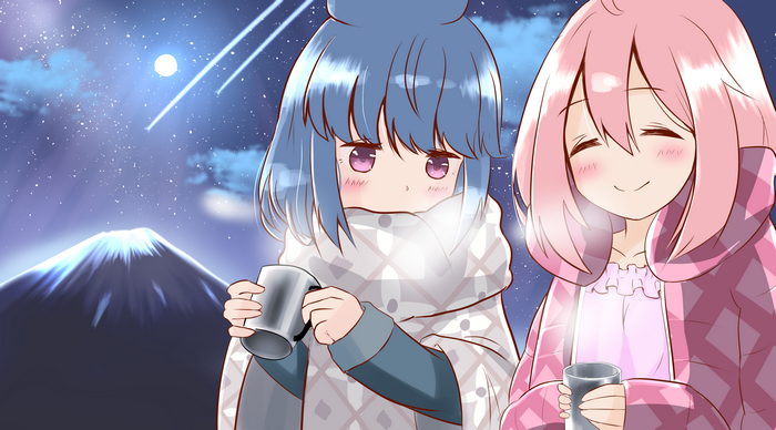 Rin Shima and Nadeshiko Kagamihara from Yuru Camp watching shooting stars