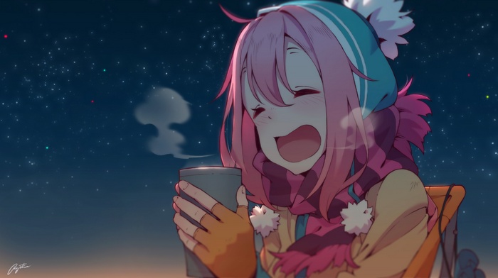 Nadeshiko Kagamihara from Yuru Camp holding a hot drink