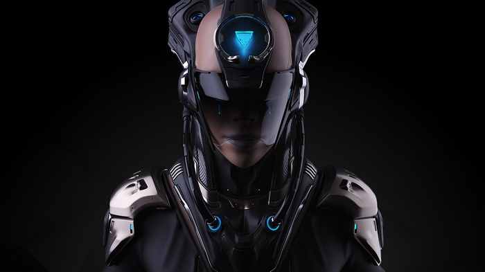 Futuristic woman in a detailed exosuit