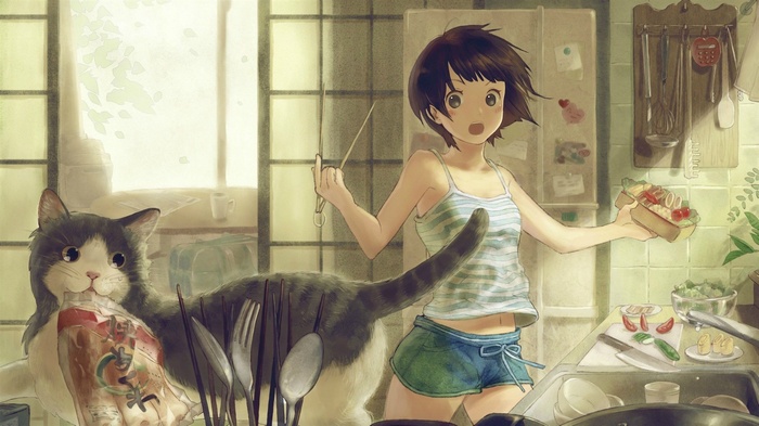 Anime girl and cat in a kitchen