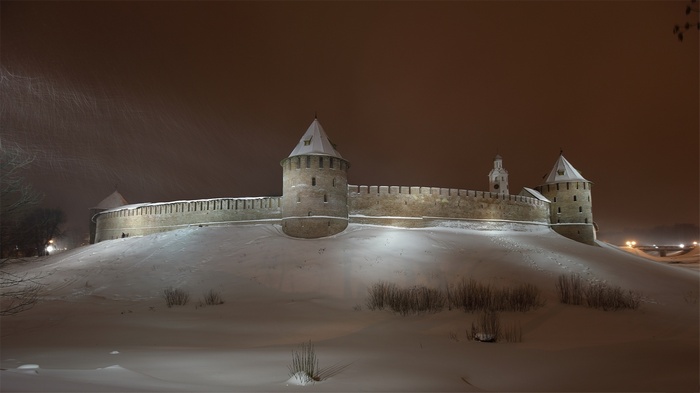 Novgorod Kremlin in Russia during winter at night