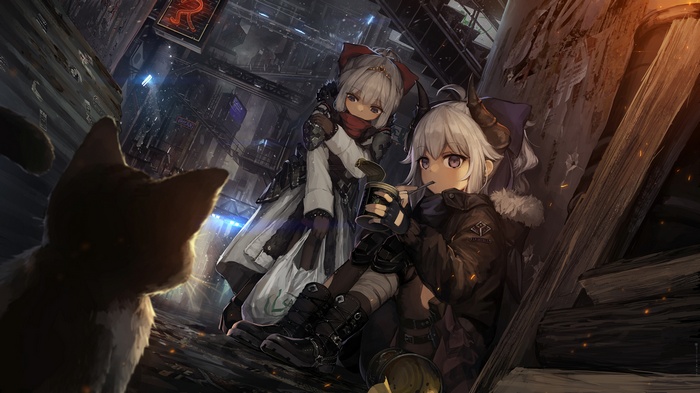Anime girls with white hair and horns and a cat
