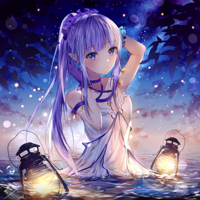 blue hair, junpaku karen, blushing, hands in hair, anime, pointy ears, anime girls, dress, wet clothing, blue eyes, FateGrand Order, hair ornament, water, gloves, lantern, Fate Series, caster lily, long hair