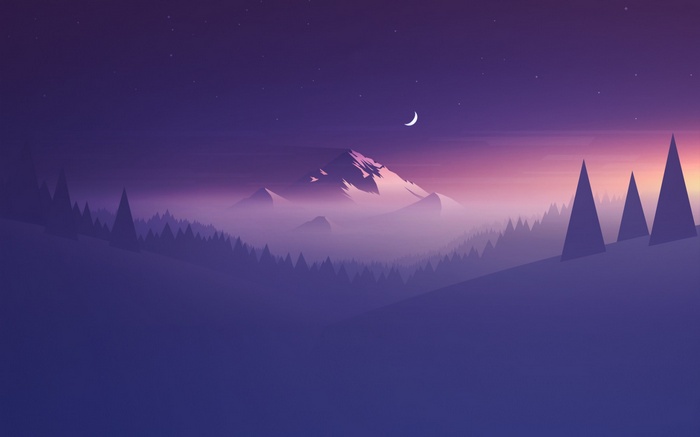 Minimalist mountain landscape with trees and moon