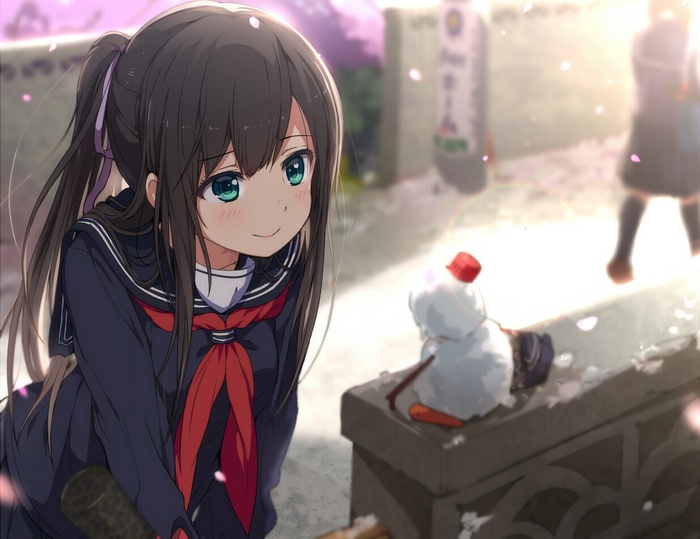 Anime girl in school uniform with a snowman