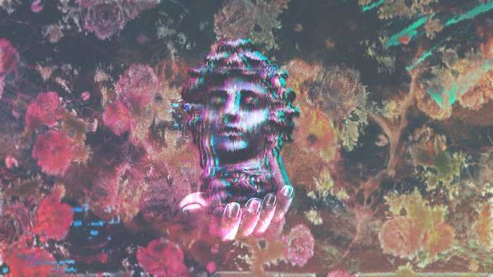 Glitch art statue of Julius Caesar on a hand