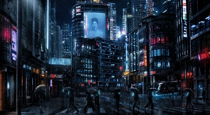 Cyberpunk city street at night in the rain