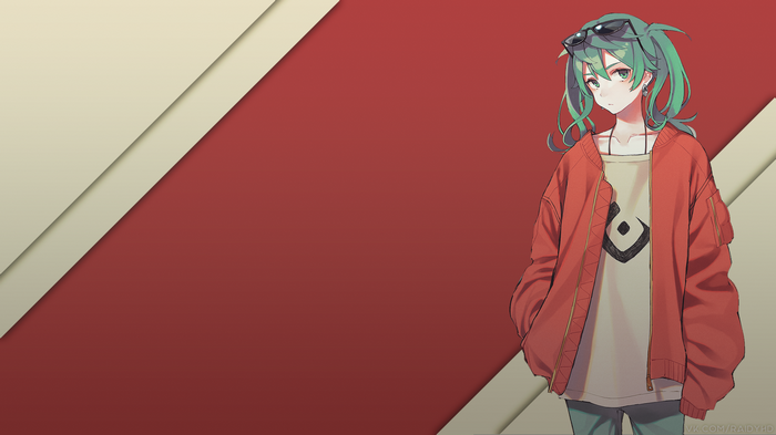 Anime girl with green hair wearing sunglasses and an orange jacket