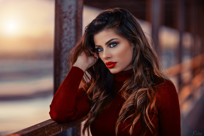 bokeh, face, Margherita Sicignano, juicy lips, long hair, red lipstick, blue eyes, brunette, eyeshadow, portrait, women, Alessandro Di Cicco, women outdoors