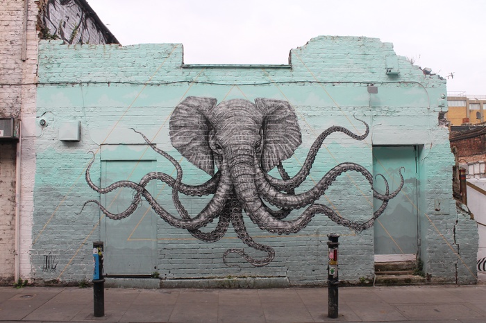 graffiti, UK, street, elephant, bricks, artwork, London, crossover, animals, octopus, wall, photography, tentacles