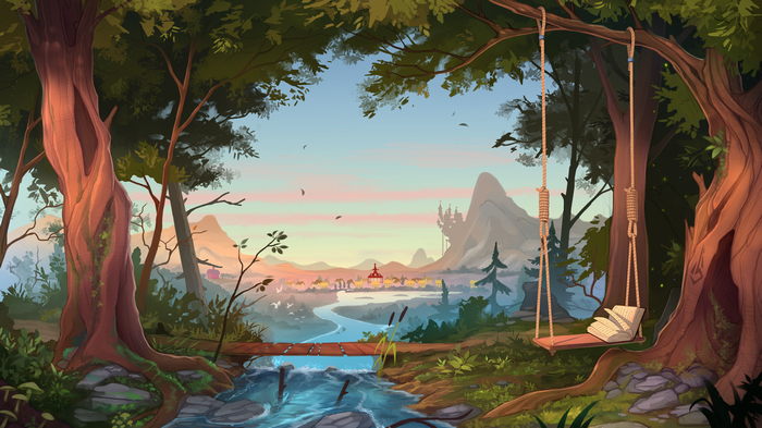Fantasy landscape with a river, town, and castle