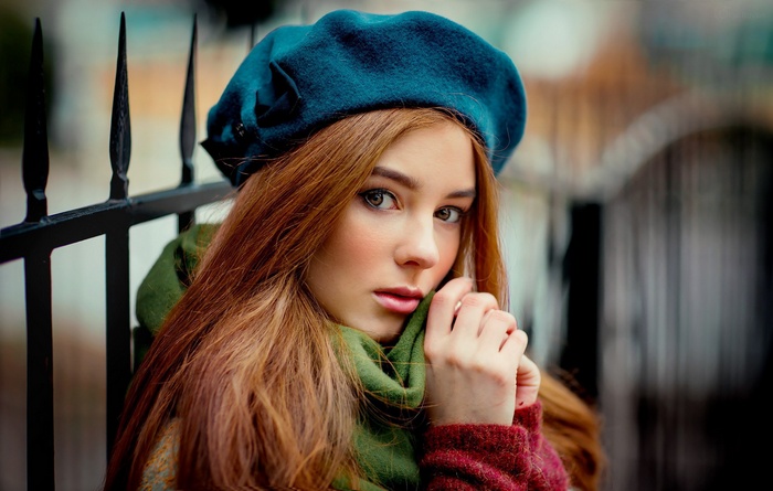 long hair, Olga Boyko, women outdoors, face, bokeh, berets, redhead, portrait, looking at viewer, brown eyes, scarf, women, Alexandra Girskaya, red sweater