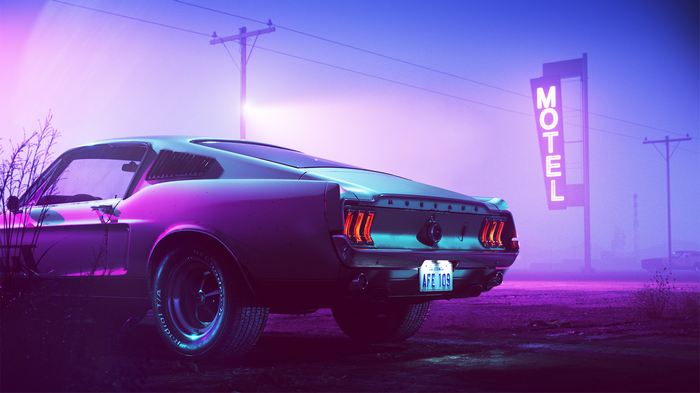 1965 Ford Mustang at a neon motel