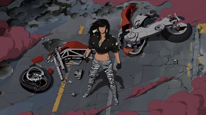 Woman standing by wrecked motorcycles with pink smoke