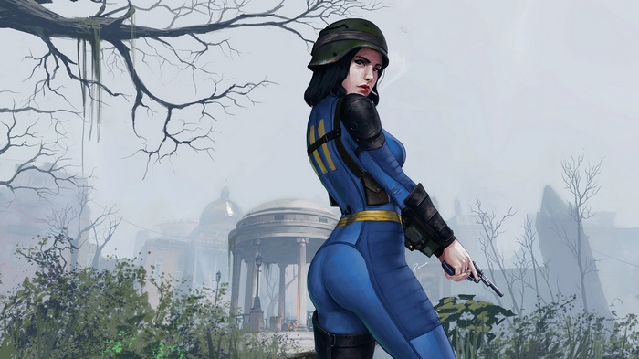 Woman in Vault Suit from Fallout 4 holding a pistol