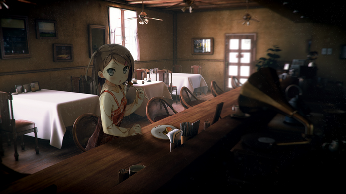 Anime girl in a cafeteria with a gramophone