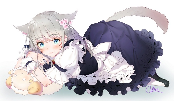 Miqo'te girl from Final Fantasy XIV holding a plush toy