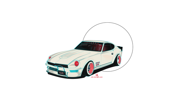 White Datsun 240Z with red accents and Japanese text