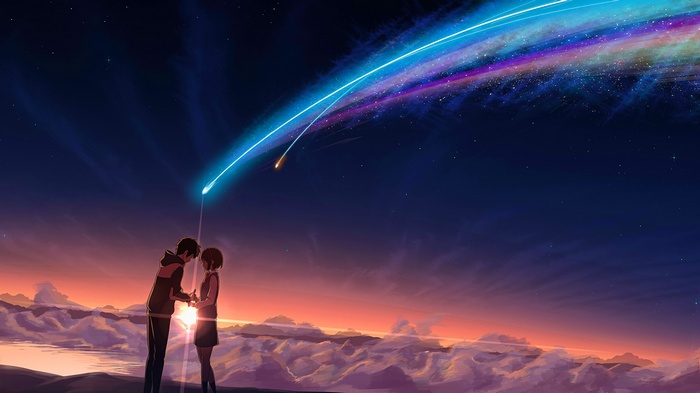 neon, sky, shooting stars, anime girls, Kimi no Na Wa, anime, stars