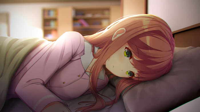 green eyes, Doki Doki Literature Club, Monika (Doki Doki Literature Club), anime girls, VaygrX, in bed