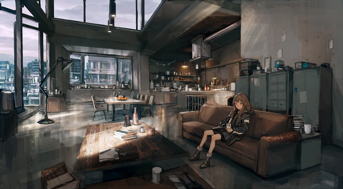 Girl with long hair sitting on a couch in a room