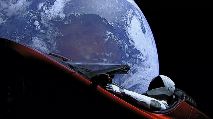 Starman in a Tesla Roadster with Earth in the background
