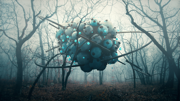 Abstract 3D object in a foggy forest