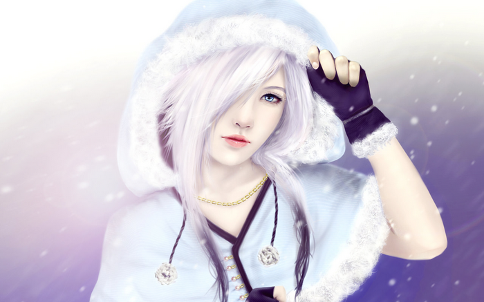 Anime character in winter clothing with snow