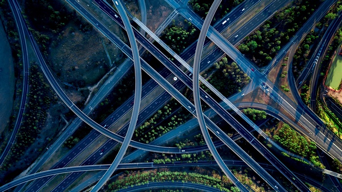 Aerial view of a complex highway interchange