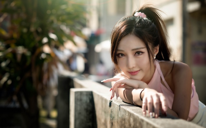 women, Asian, face, painted nails, urban, depth of field, women outdoors, ponytail