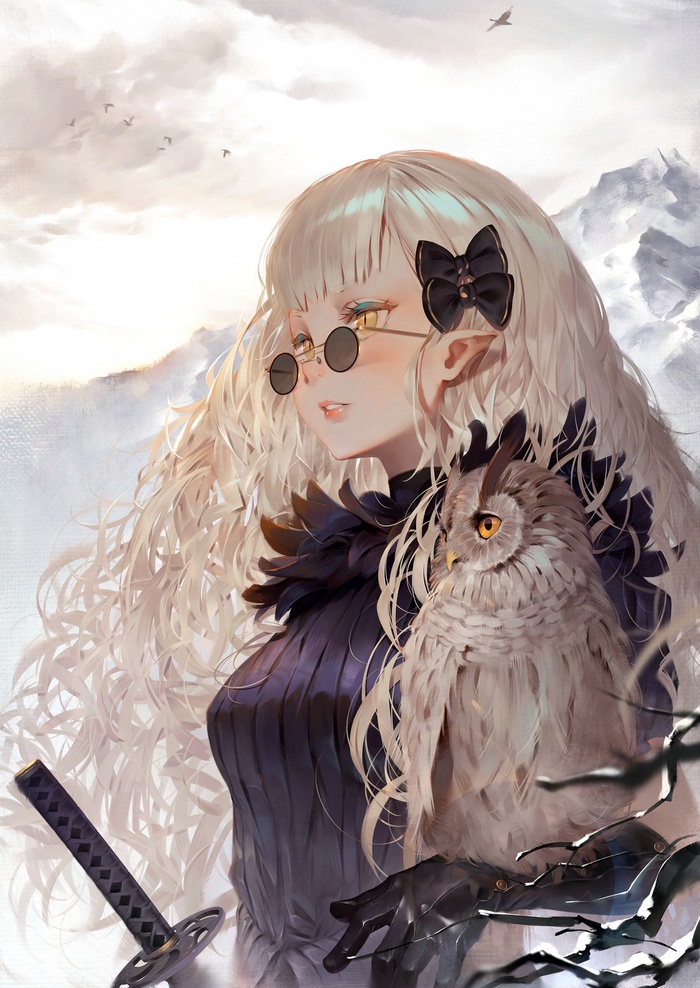 Anime girl with owl and sword in mountains