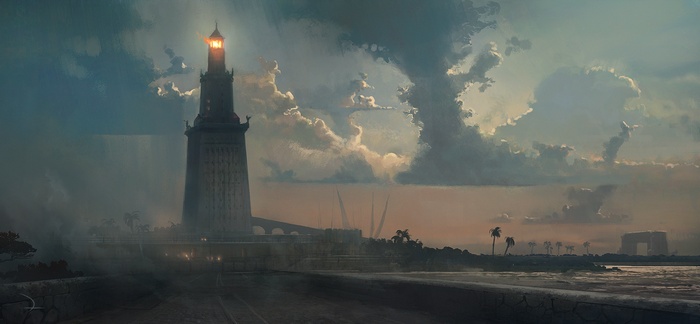 Artwork of the Lighthouse of Alexandria from Assassin's Creed Origins